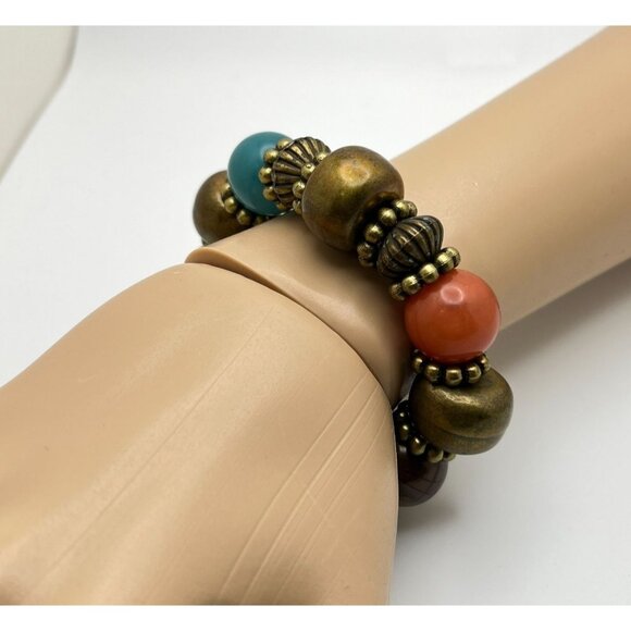 Chunky Beaded Bracelet Faux Stone Earth Tones Stretch Retro Boho Hippy - Picture 2 of 8